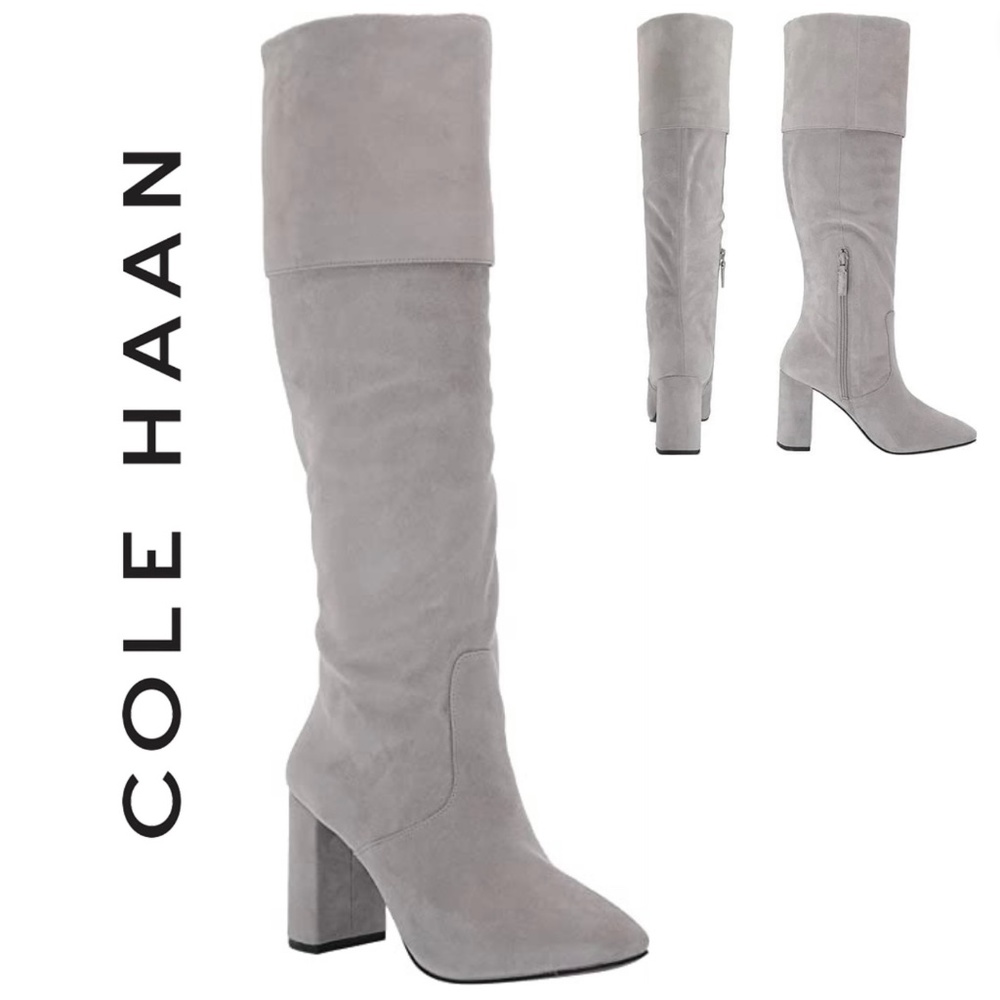 Cole Haan Light Gray Suede Knee-High Block Heel Boots